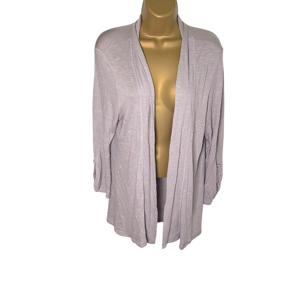 Bobeau Open Front Cardigan Lightweight Roll Tab Sleeve Lavender Gray L